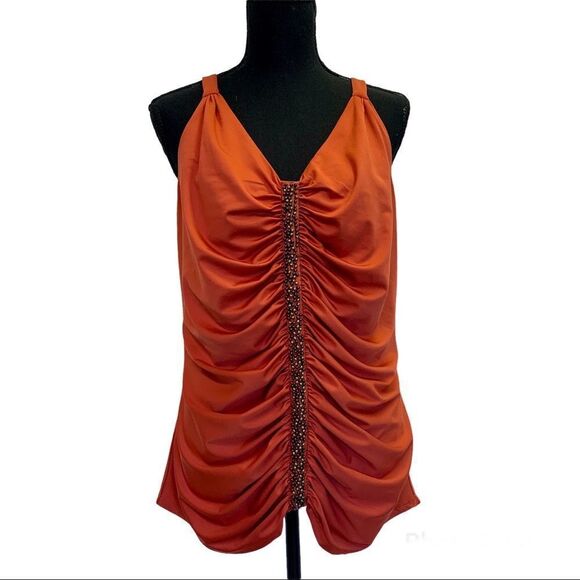 BURNT orange ruched beaded boho camisole tank top bohemian Sz 16 - Picture 1 of 12